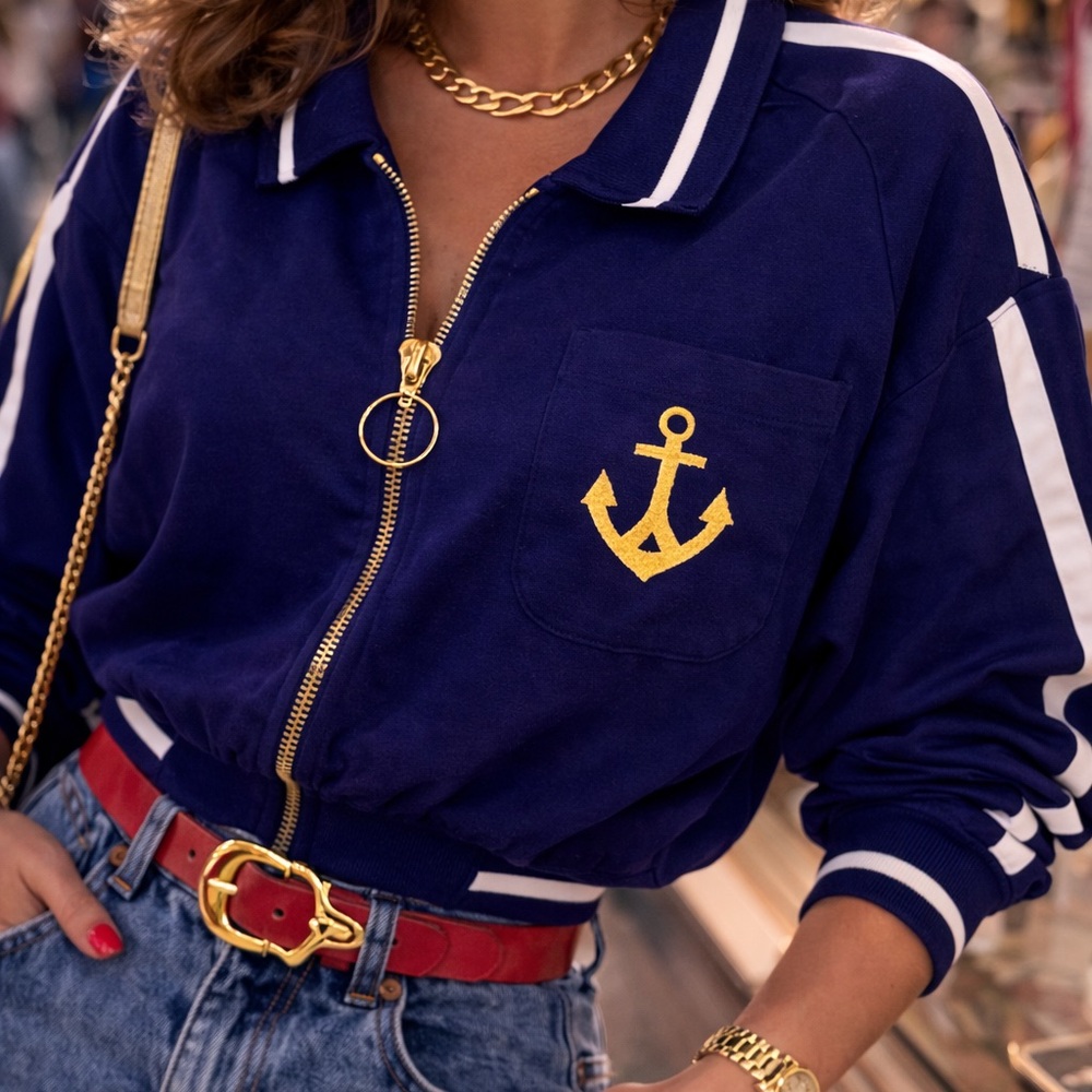Vintage Contempo Cropped Gold/Zip Up Jacket Women L Navy Nautical Stripes Anchor